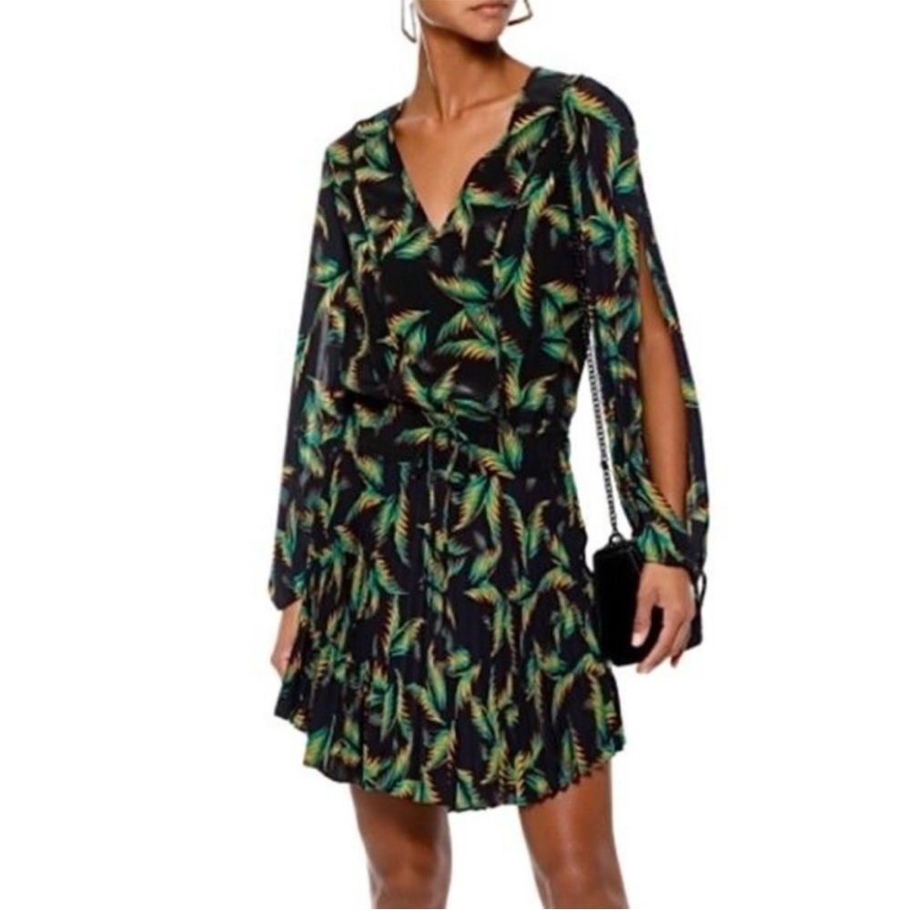 A.L.C. - Rory Pleated Tropical Palm Silk Dress 6 Long Sleeves